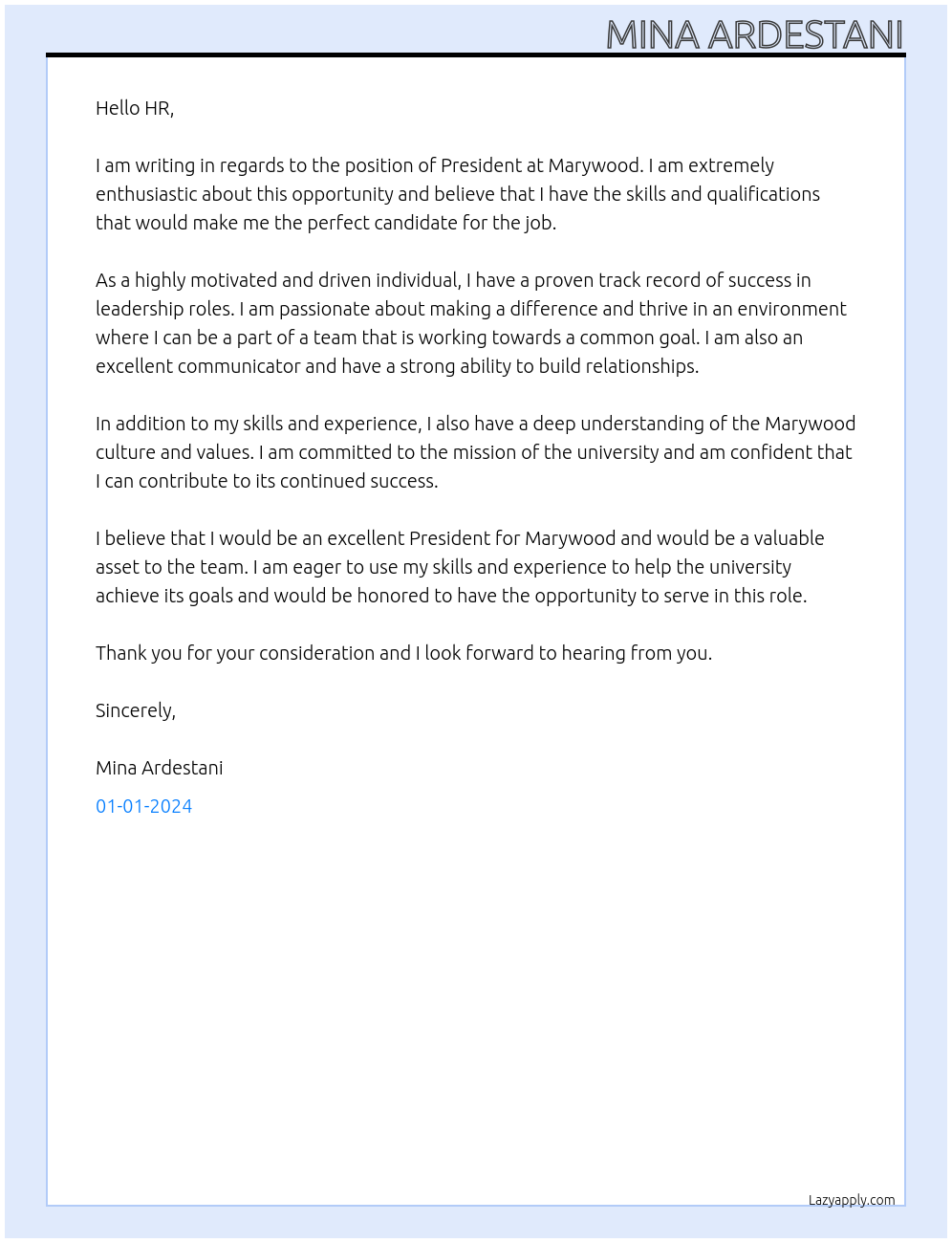 President At Marywood Cover Letter