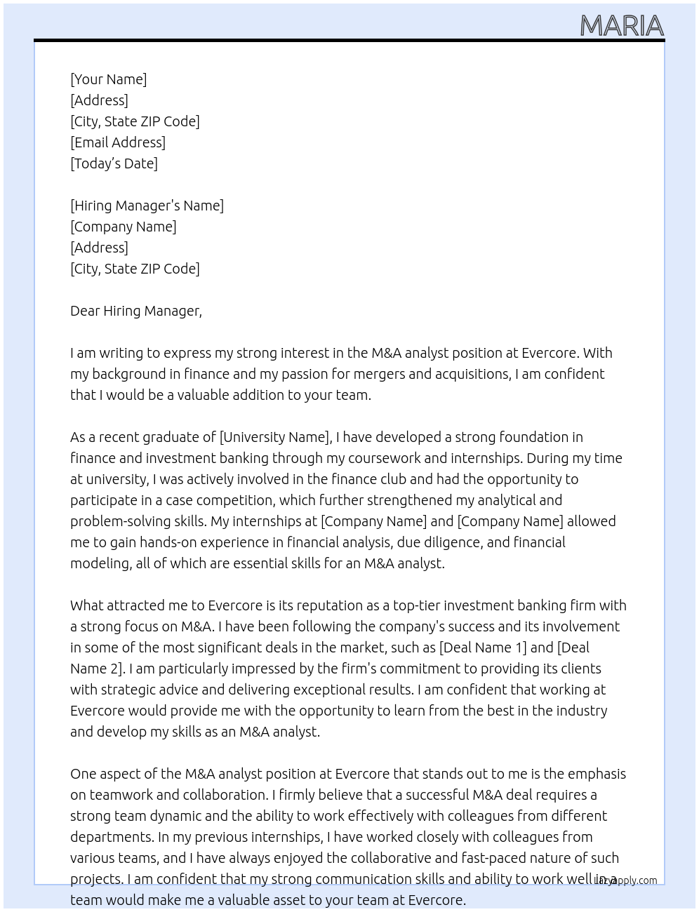 M&A analyst At Evercore Cover Letter