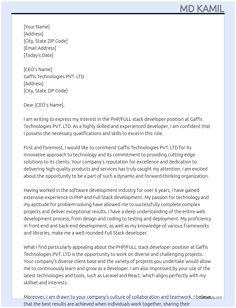 Cover letter for php/full stack developer - LazyApply