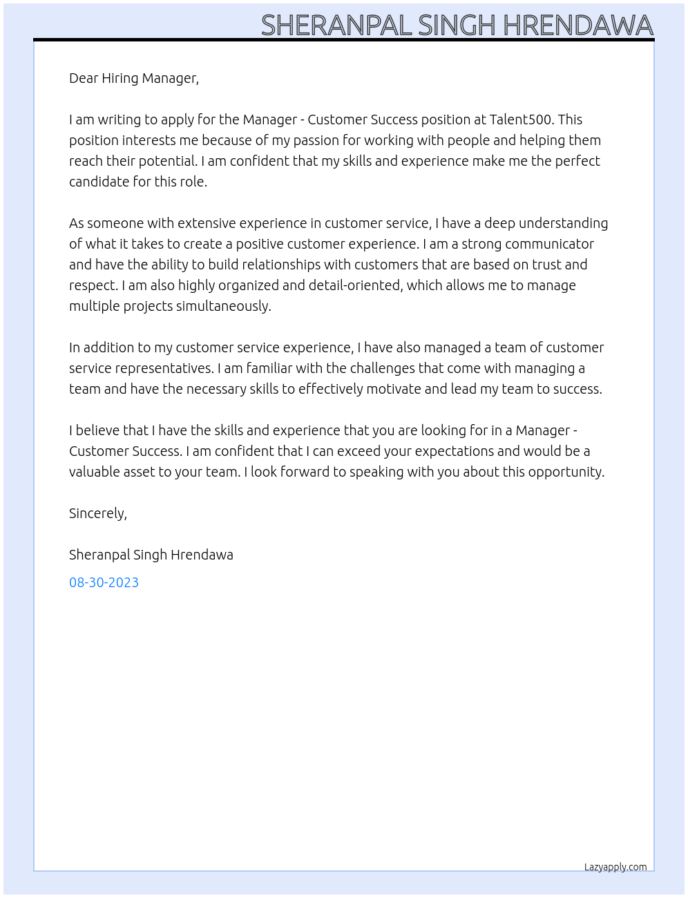 Manager - Customer Success At Talent500 Cover Letter