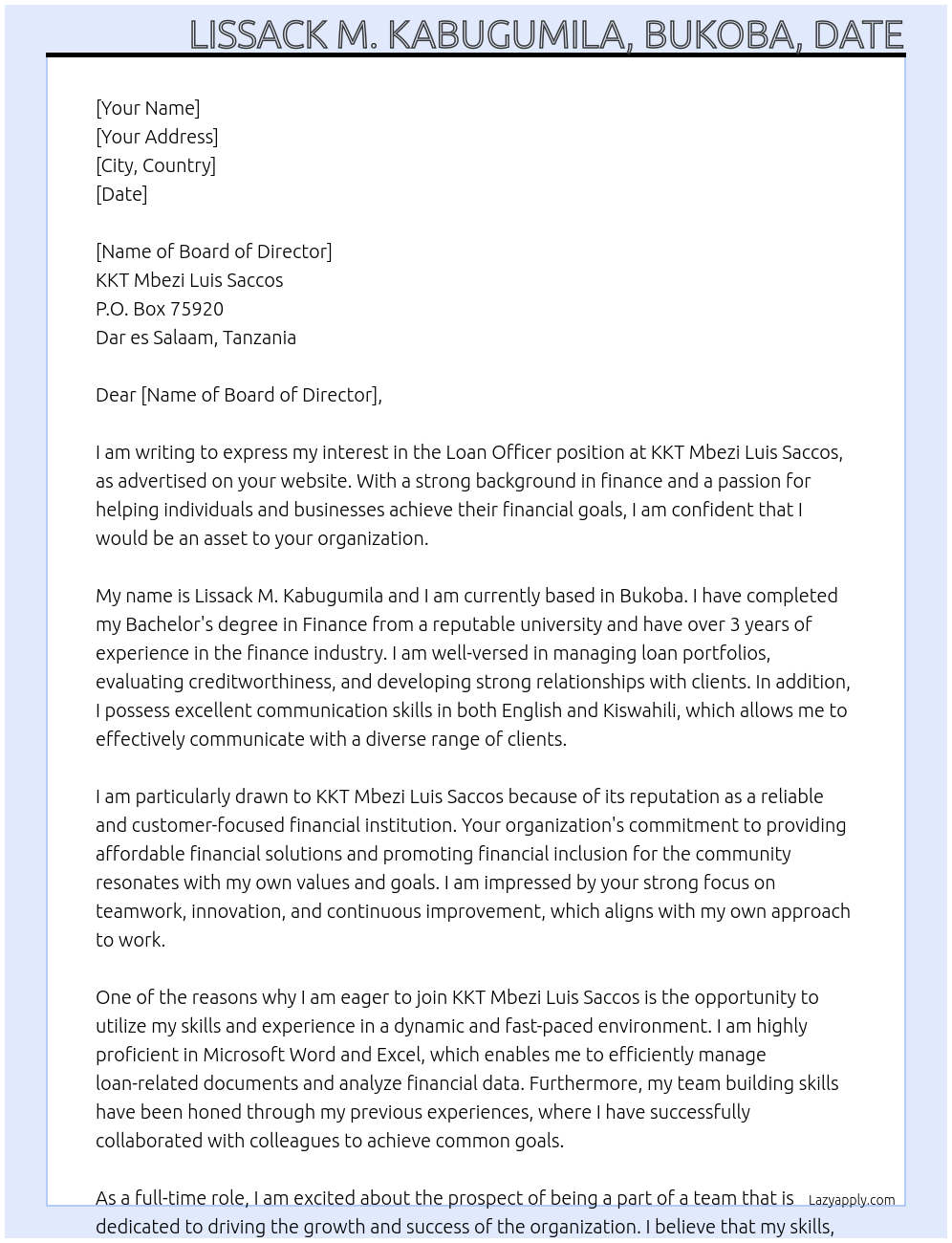 loan officer At kkt mbezi luis saccos Cover Letter