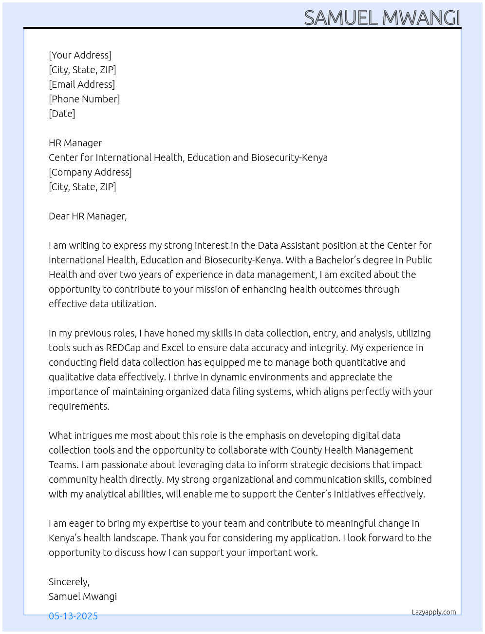 Cover letter for data assistant - LazyApply