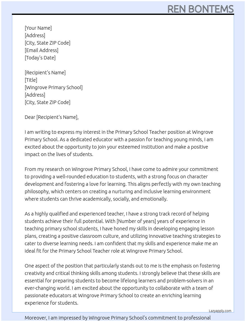 Primary School Teacher At Wingrove Primary School Cover Letter