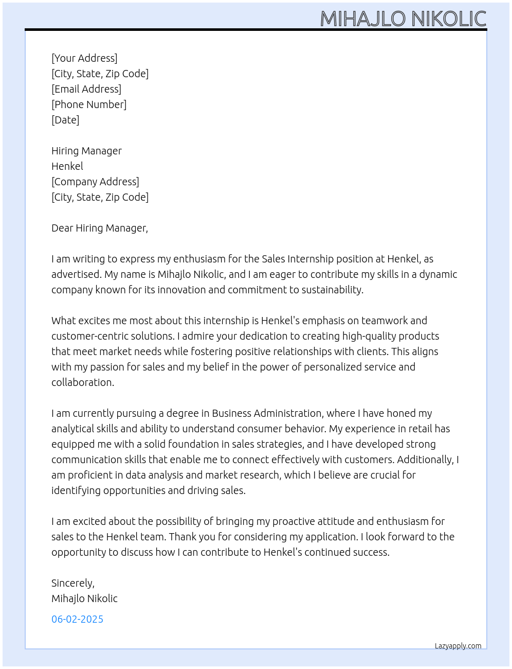 Sales internship At Henkel Cover Letter