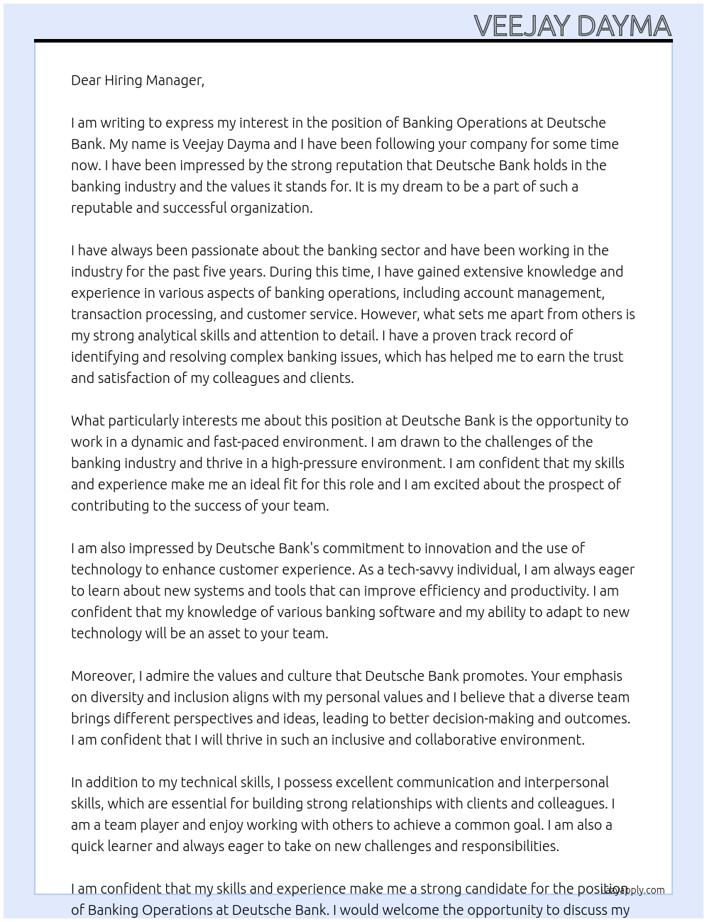 banking operations At Deutsche Bank Cover Letter