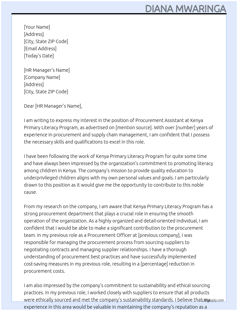 Procurement Assistant At Kenya Primary Literacy Program  Cover Letter