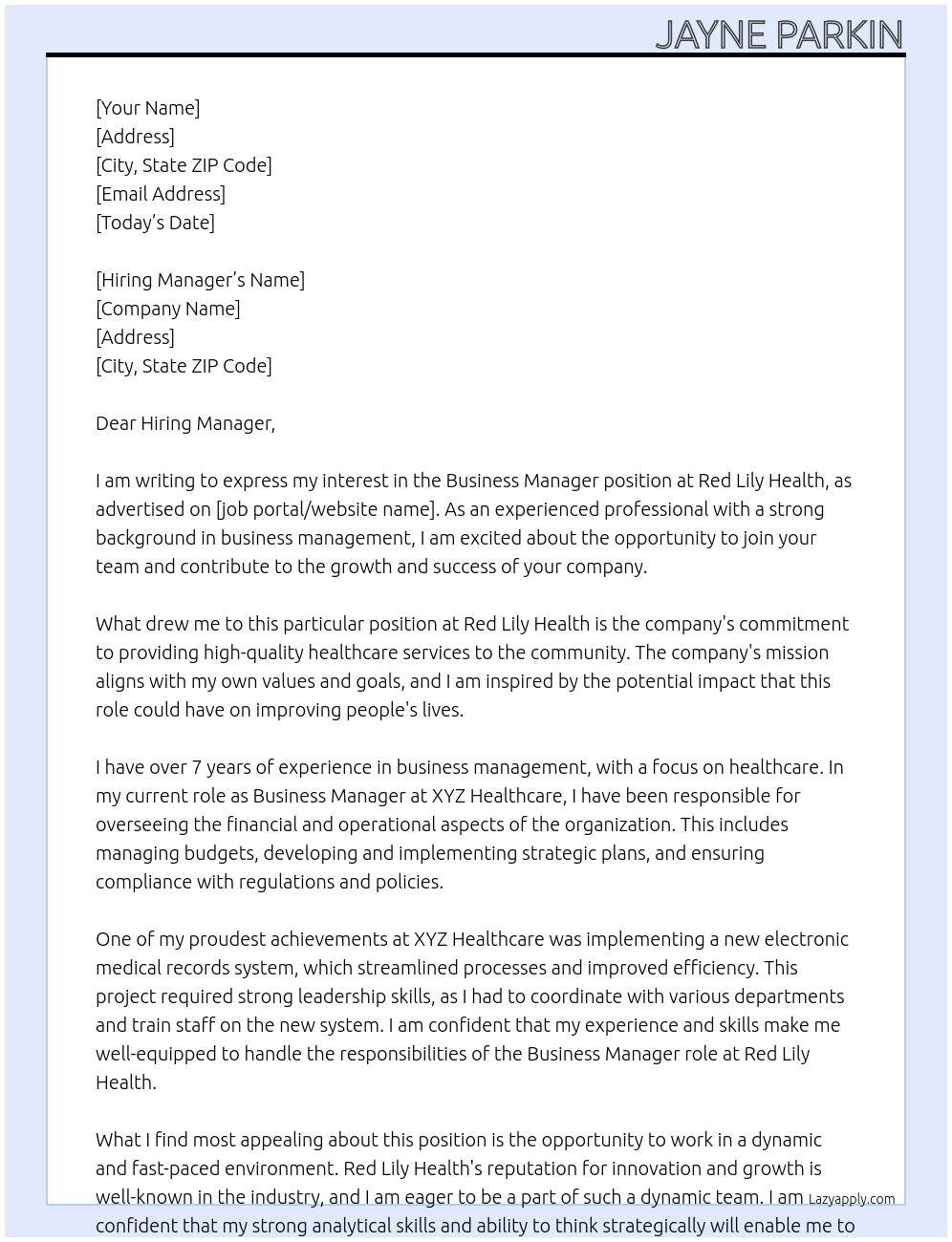 Business Manager At Red Lily Health Cover Letter