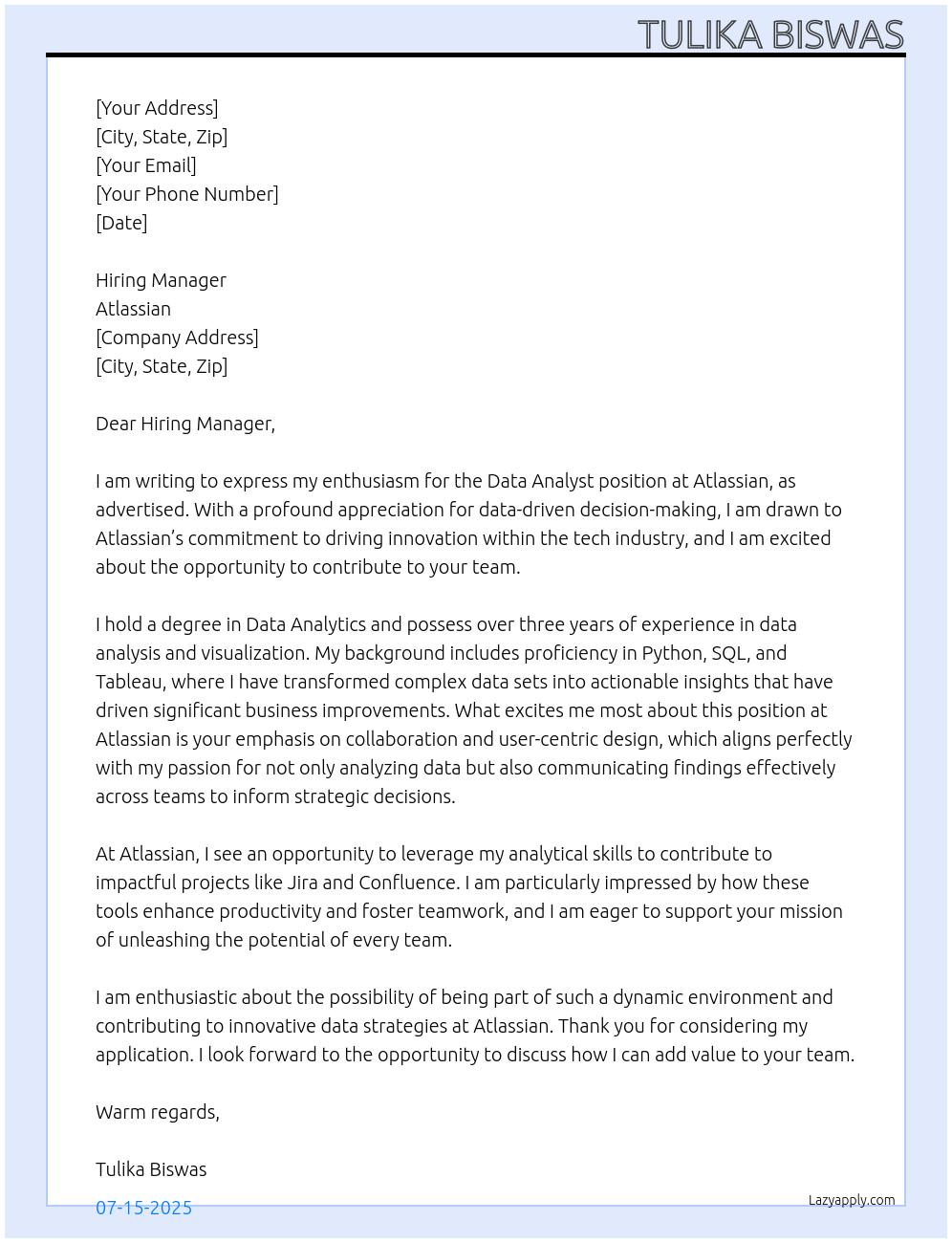 data analyst At Atlassian Cover Letter