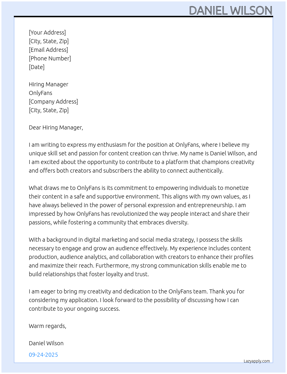 Onlyfans job application At Onlyfans Cover Letter