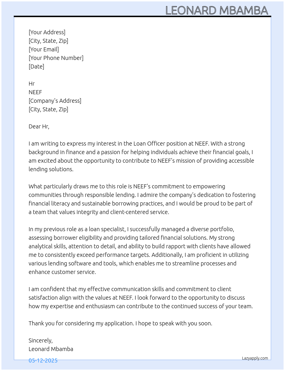 Loan Officer At NEEF Cover Letter