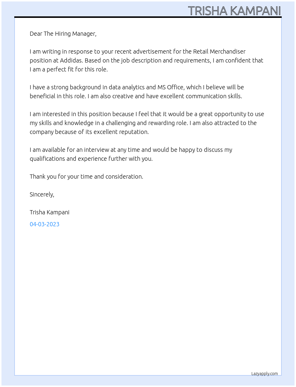 Retail Merchandiser At Addidas Cover Letter