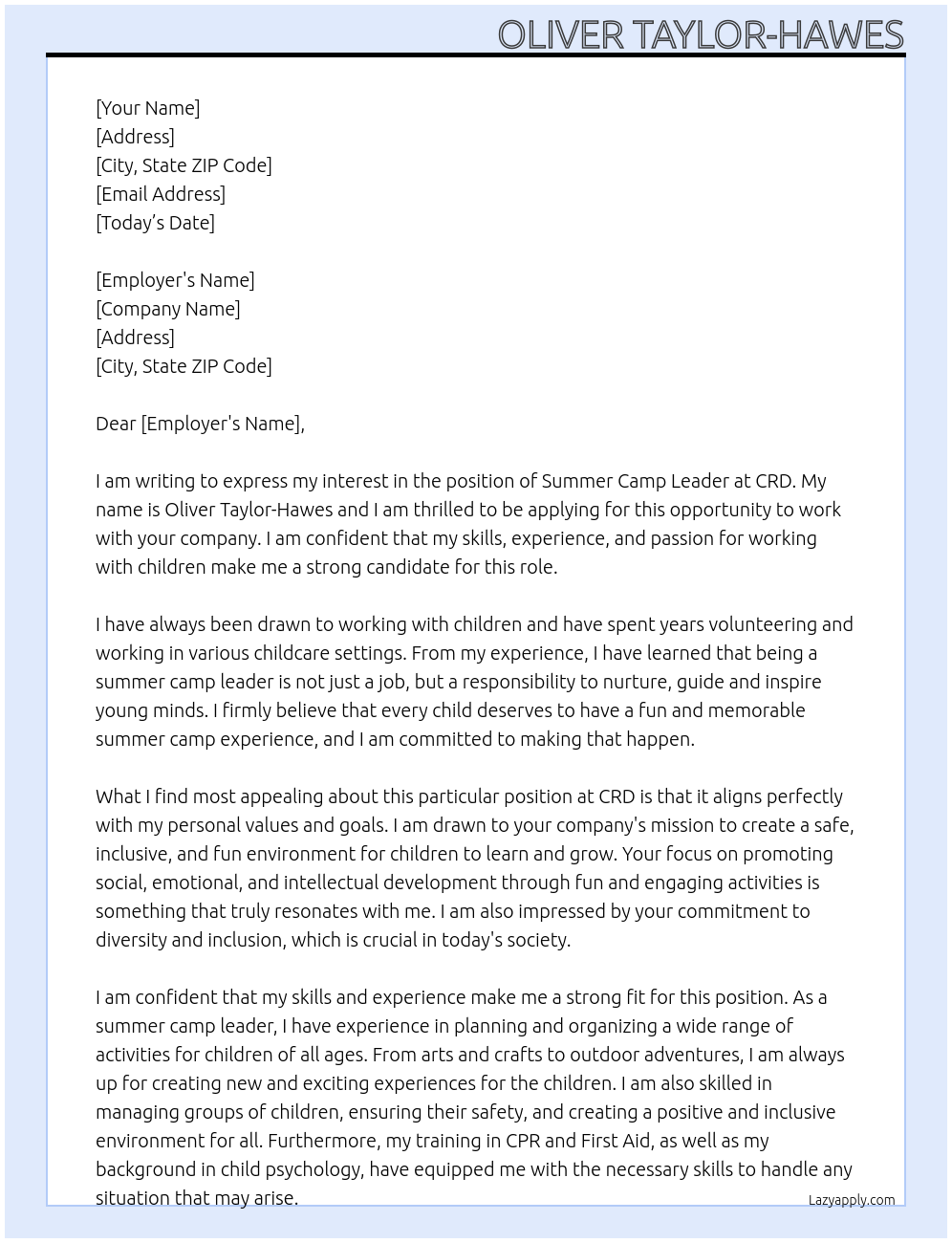 summer camp leader At CRD Cover Letter