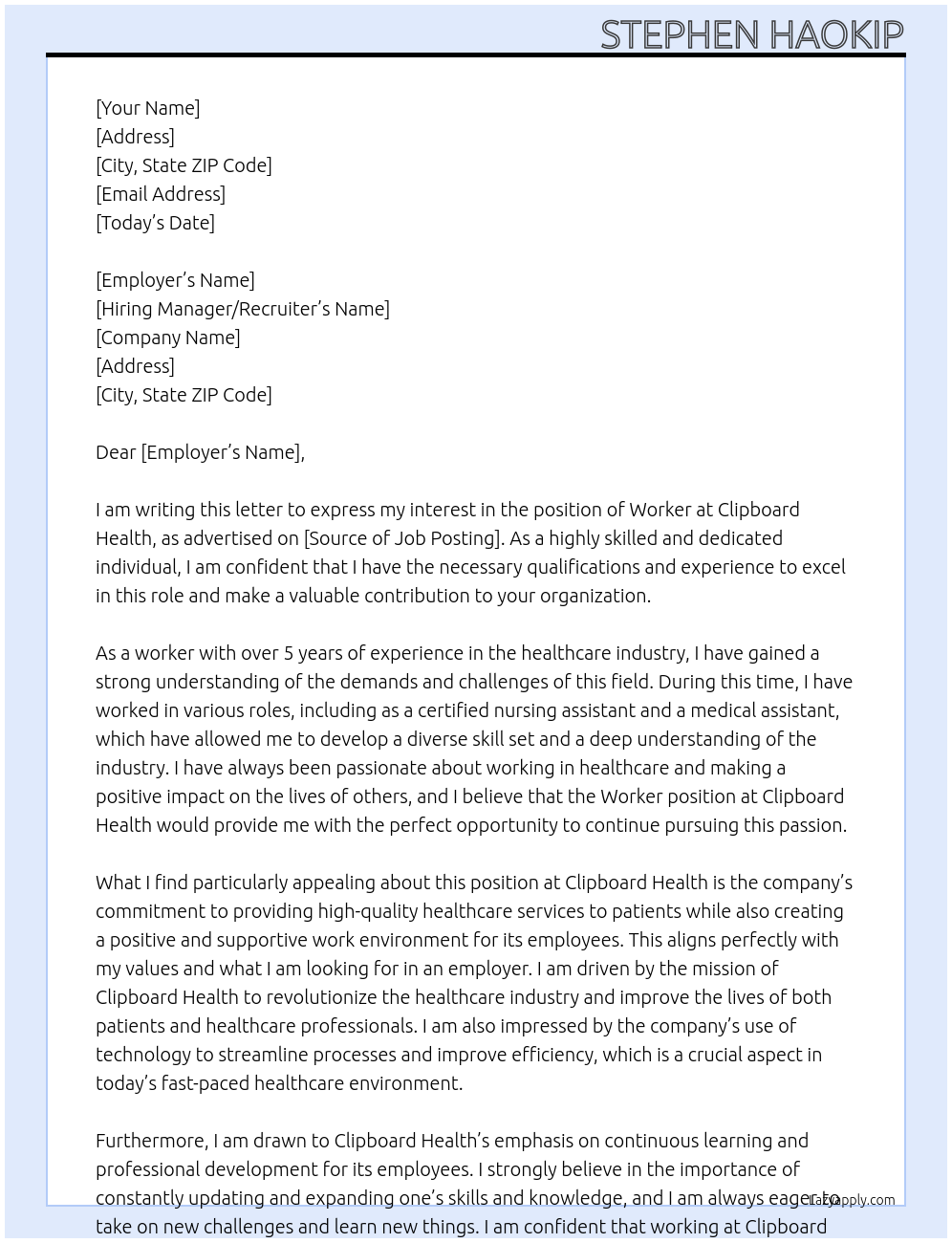 worker At Clipboard Health Cover Letter