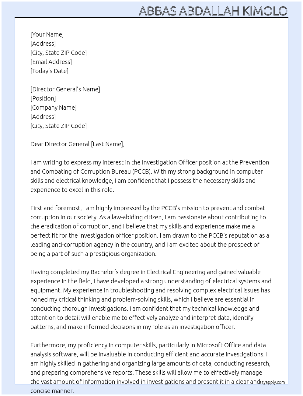 Investigation Officer At Prevention and Combating of Corruption Bureau PCCB Cover Letter