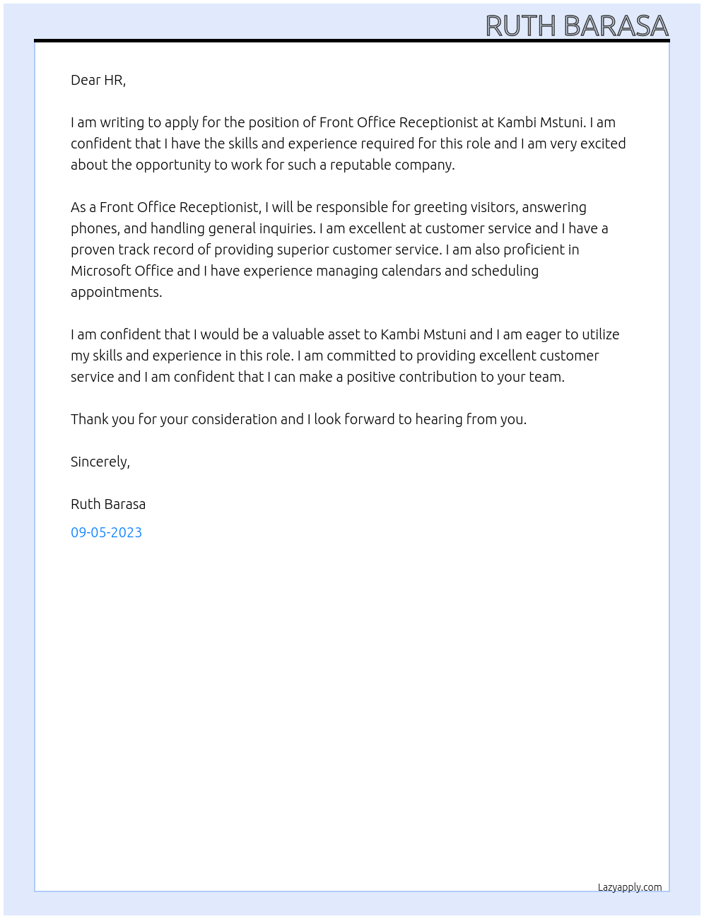 front office receptionist At kambi mstuni Cover Letter