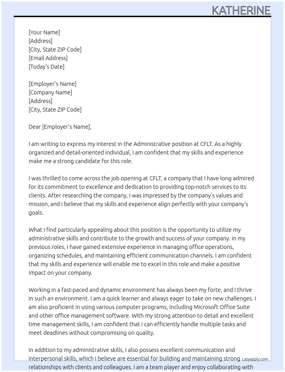 Administrative  At CFLT Cover Letter