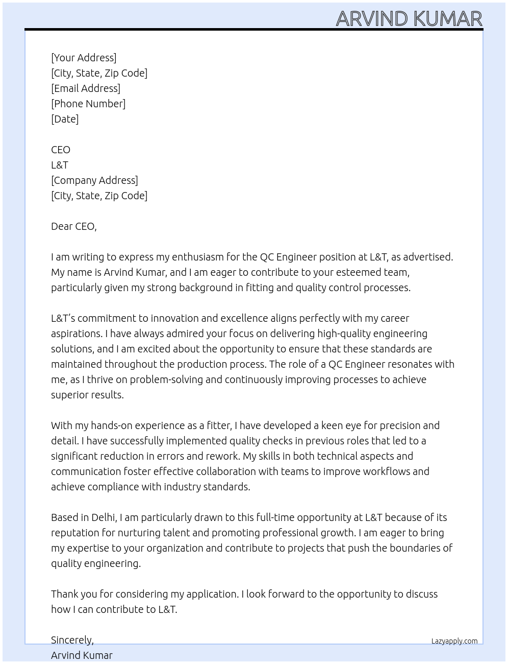 QC engineer At L&T Cover Letter