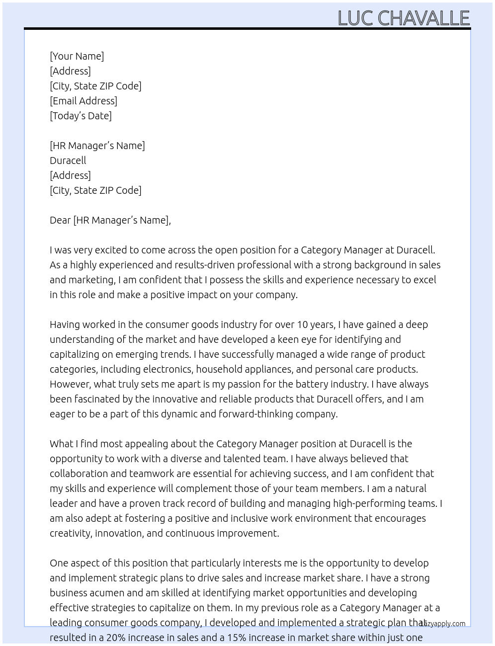 Category Manager At Duracell Cover Letter