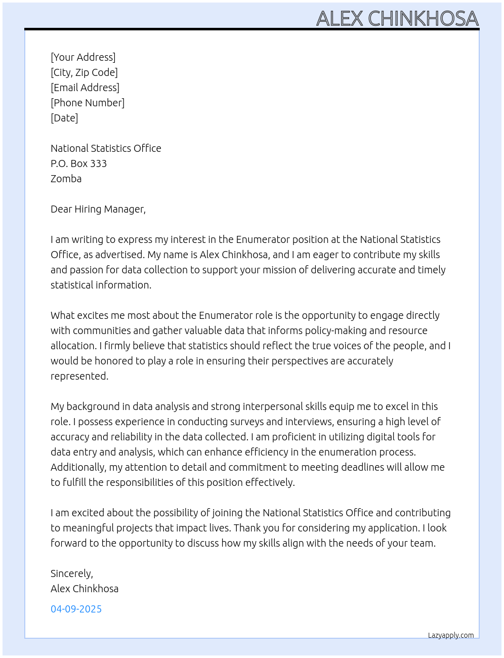 enumerator At national statistics office Cover Letter