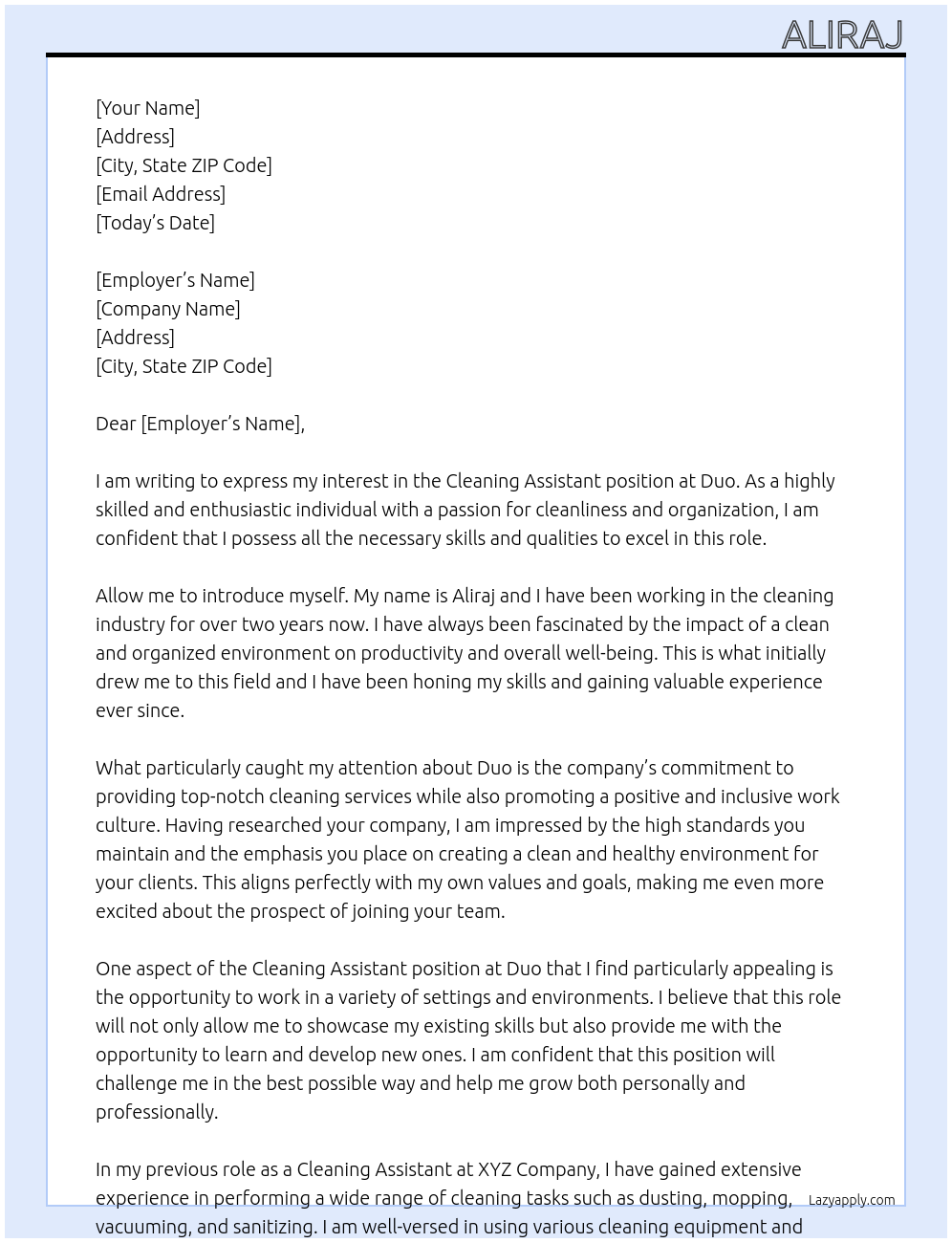 Cleaning assistant At Duo Cover Letter