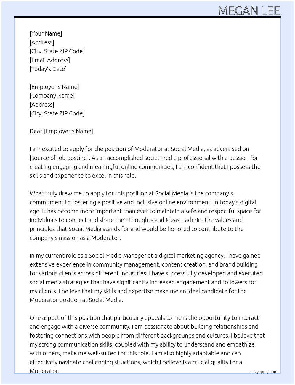 Moderator At Social Media Cover Letter