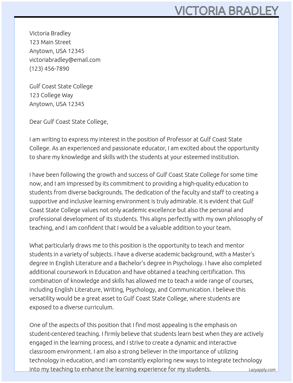 Professor At Gulf Coast State College Cover Letter