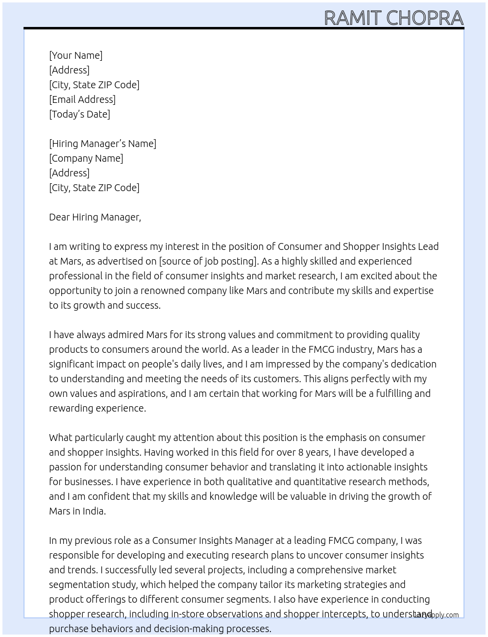 Consumer and Shopper Insights Lead - India At Mars Cover Letter