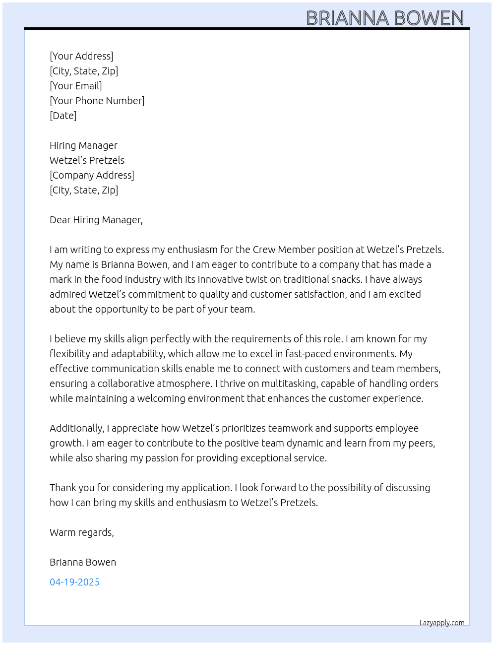 Crew member At Wetzel’s pretzels Cover Letter