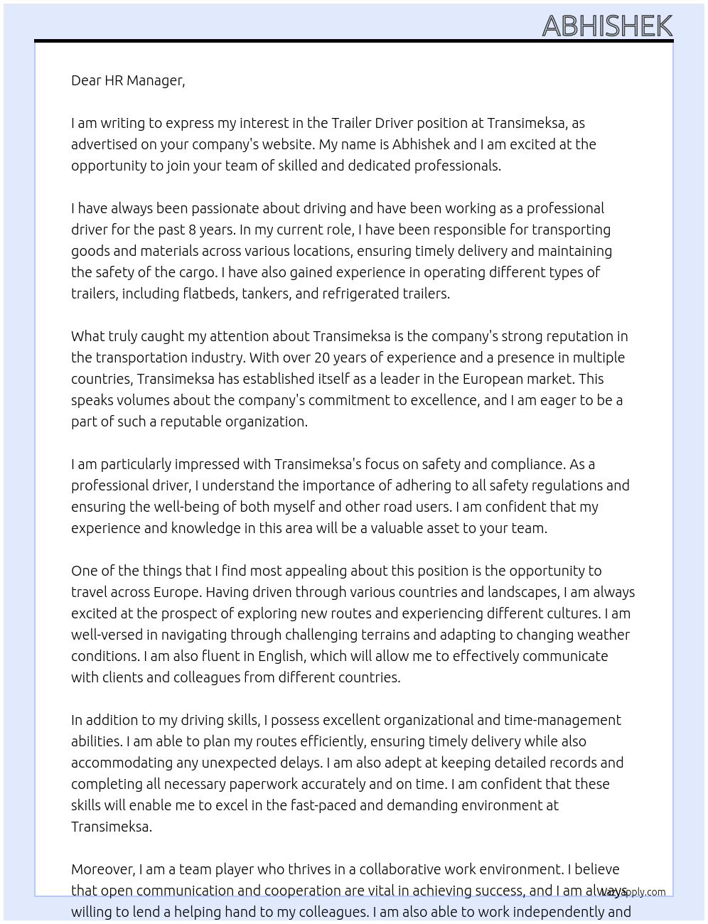 Trailer Driver At Transimeksa Cover Letter