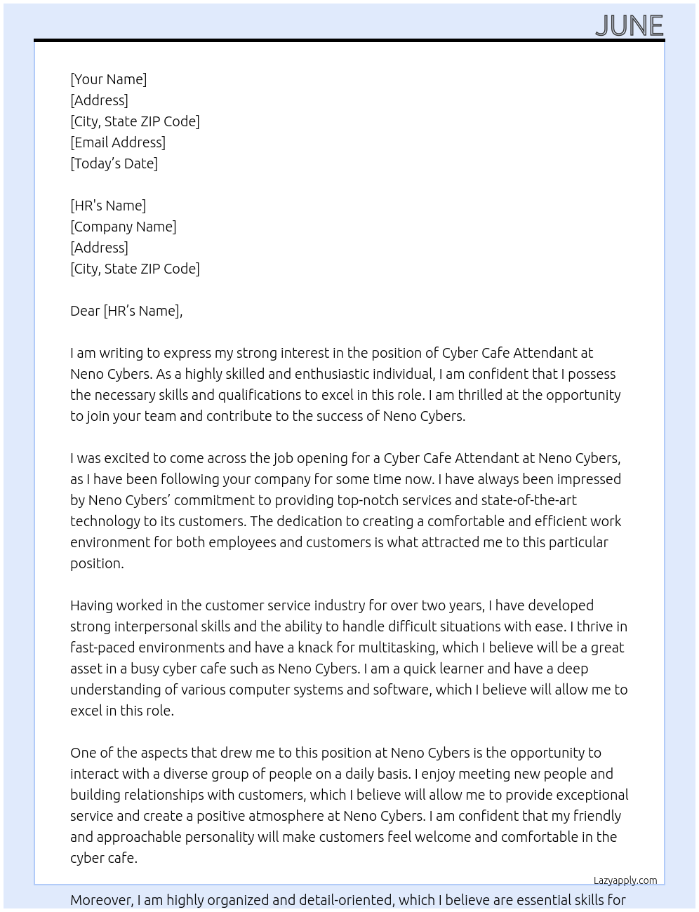 Cover letter for cyber cafe  attendant - LazyApply