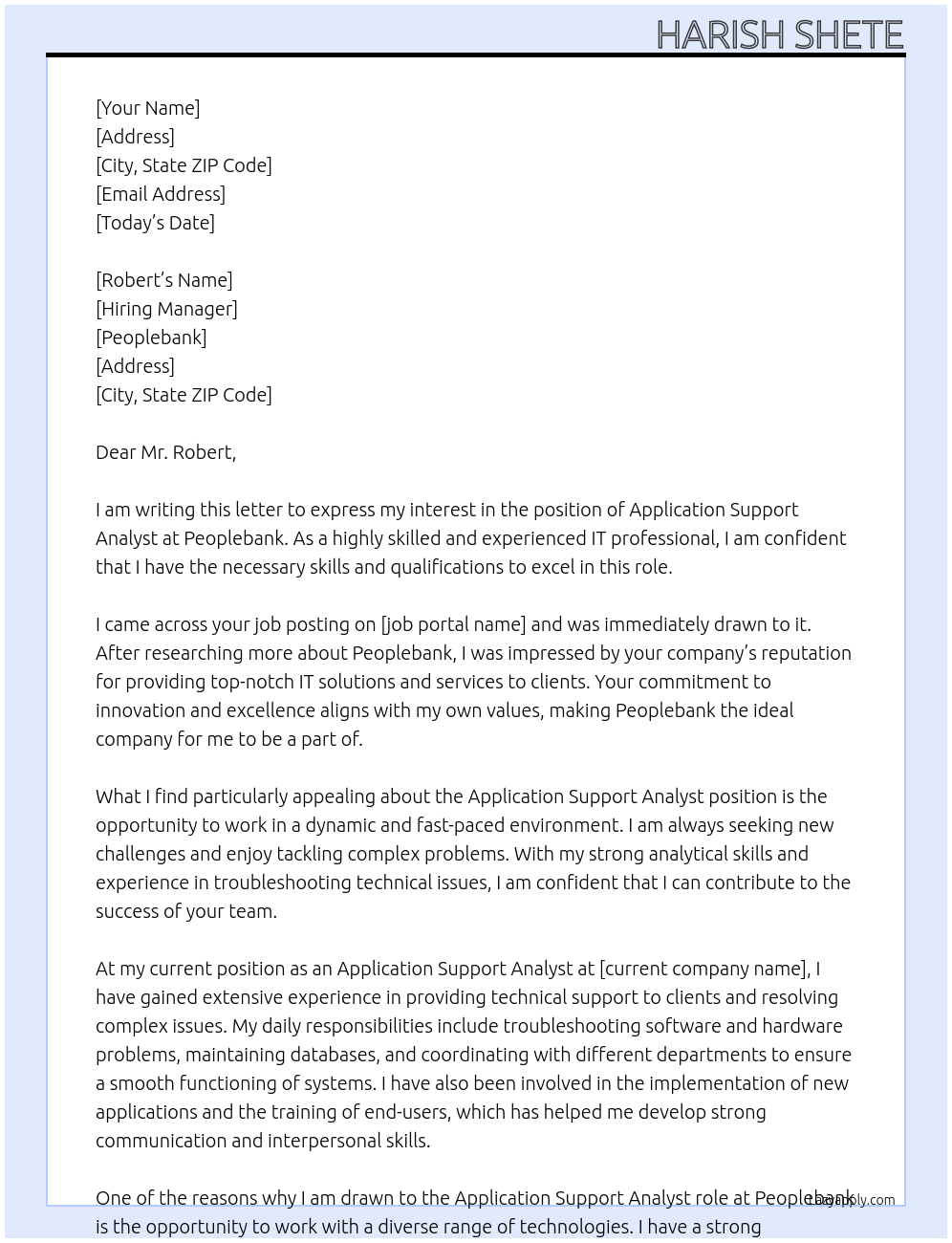 Application Support Analyst At peoplebank Cover Letter