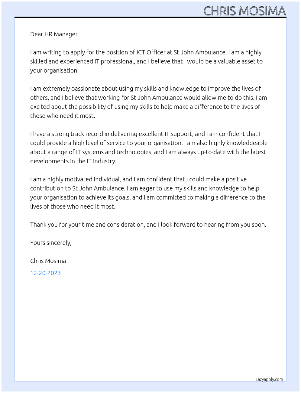 ICT OFFICER At ST JOHN AMBULANCE Cover Letter