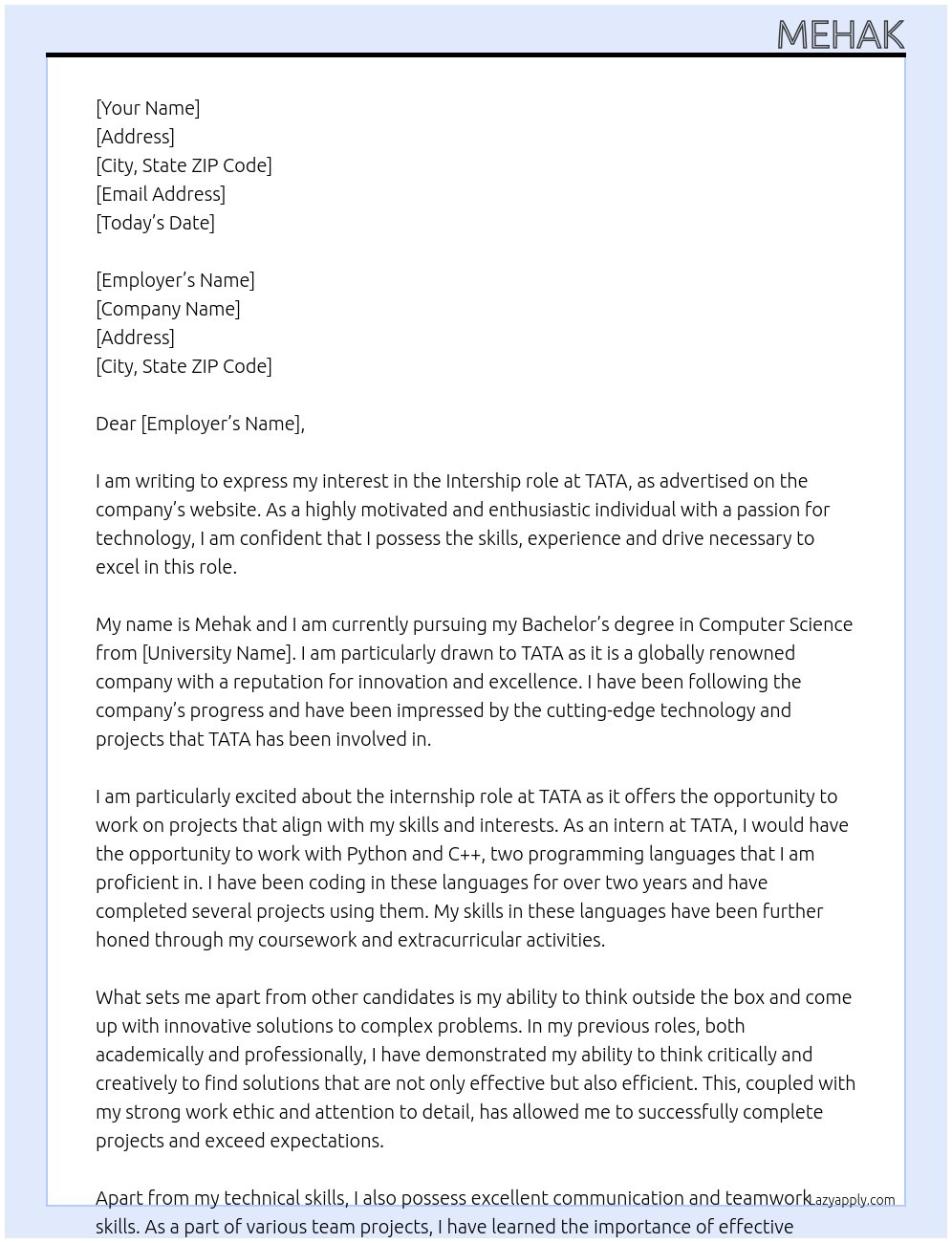 Intership At TATA Cover Letter