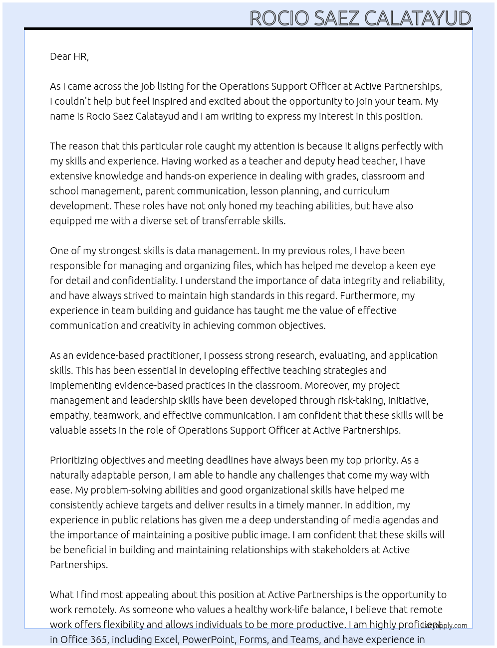 Operations Support Officer At Active Partnerships Cover Letter