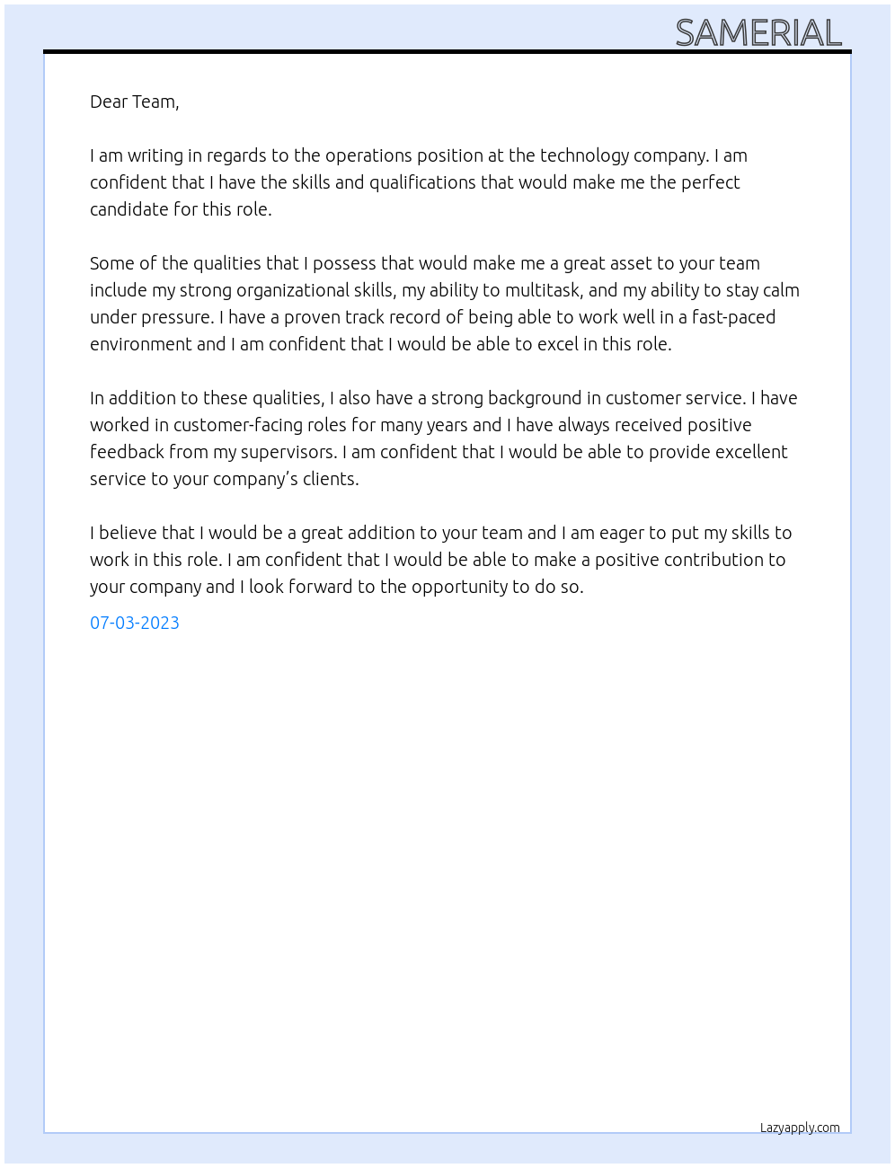 operations At Technology company Cover Letter