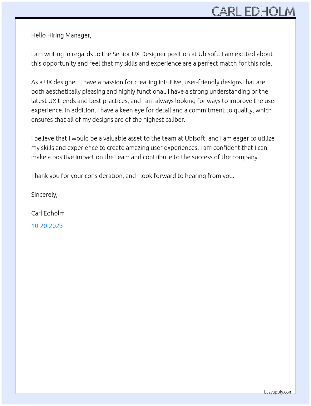 Senior UX Designer At Ubisoftt Cover Letter