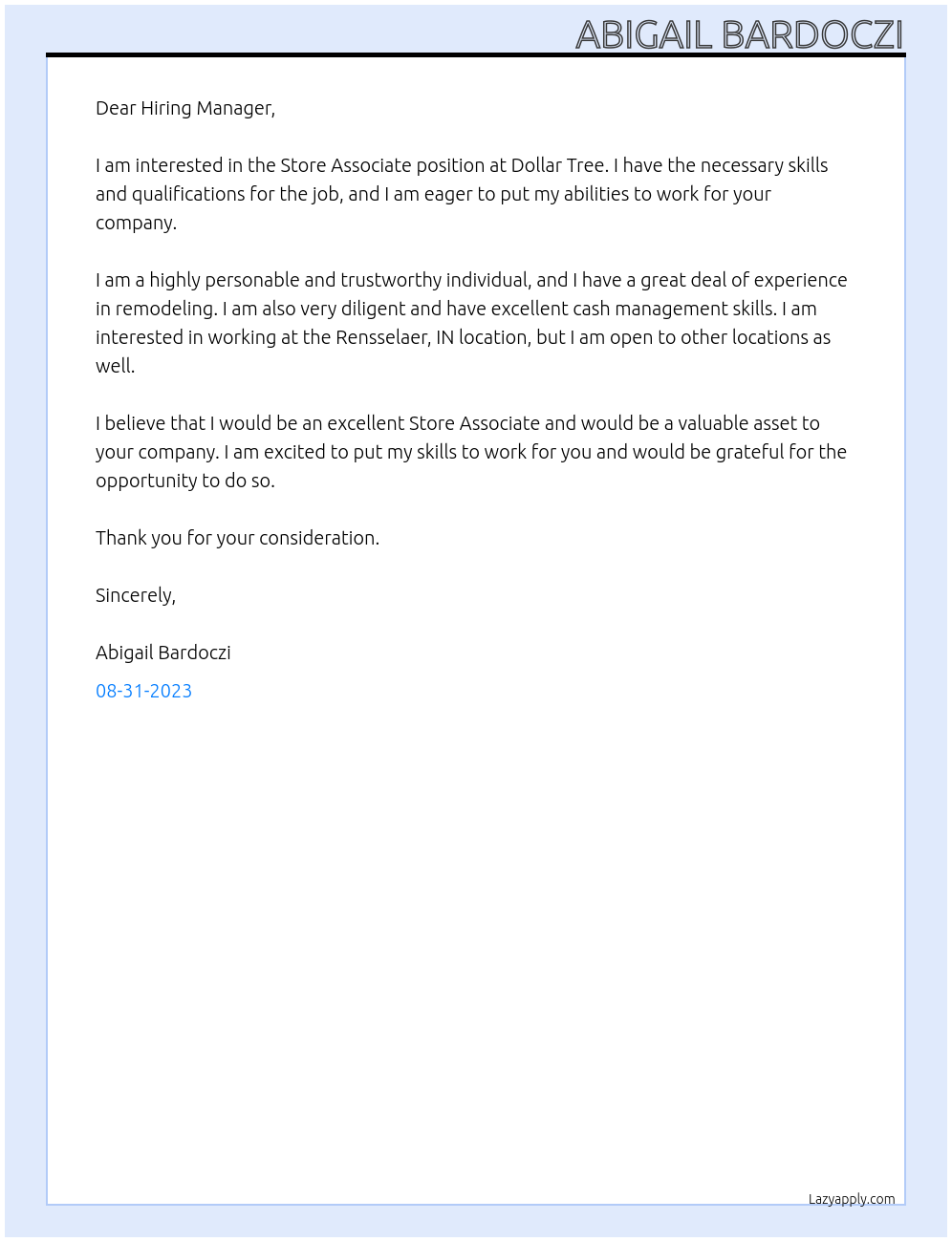 Store Associate At Dollar Tree Cover Letter