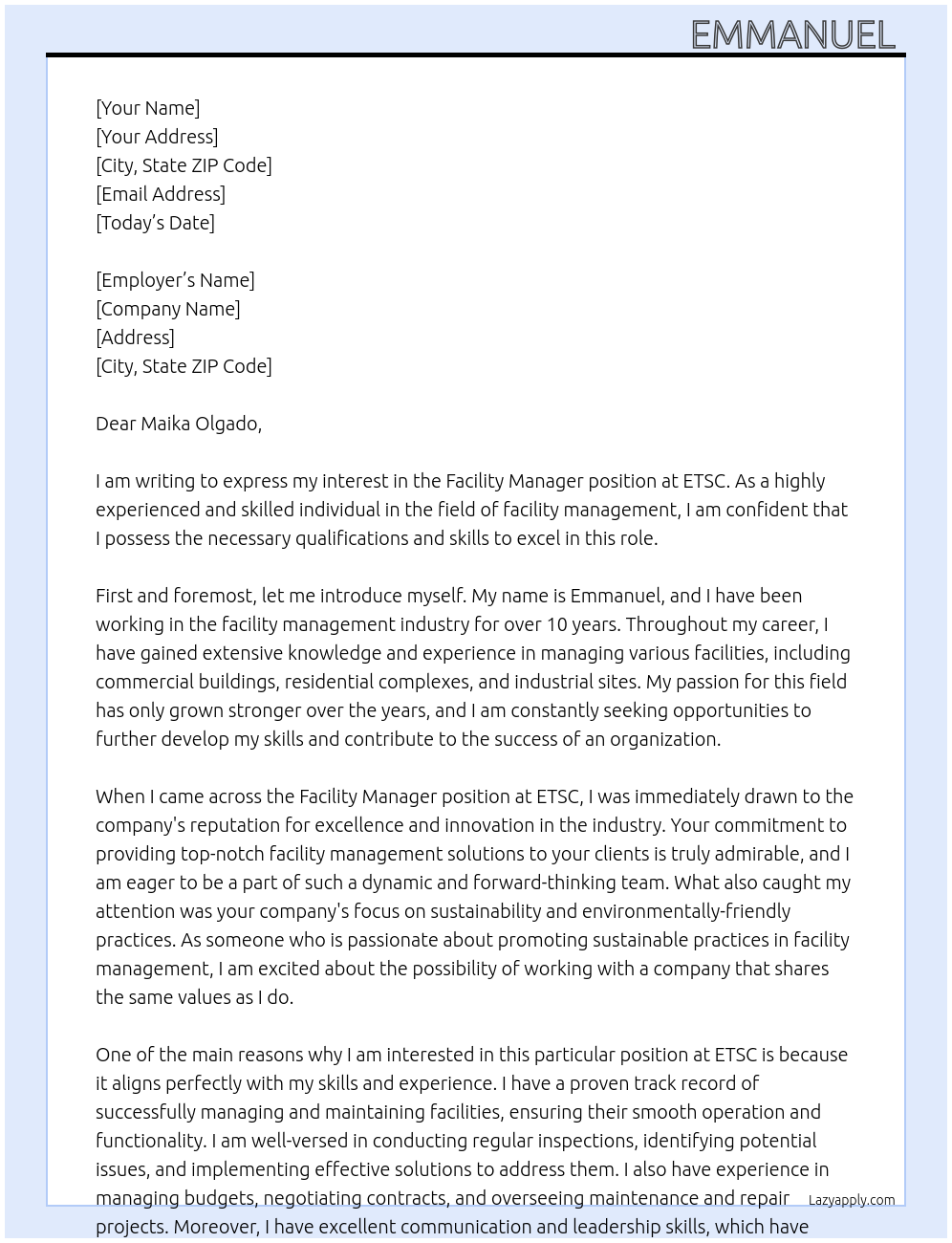 facility manager At etsc Cover Letter