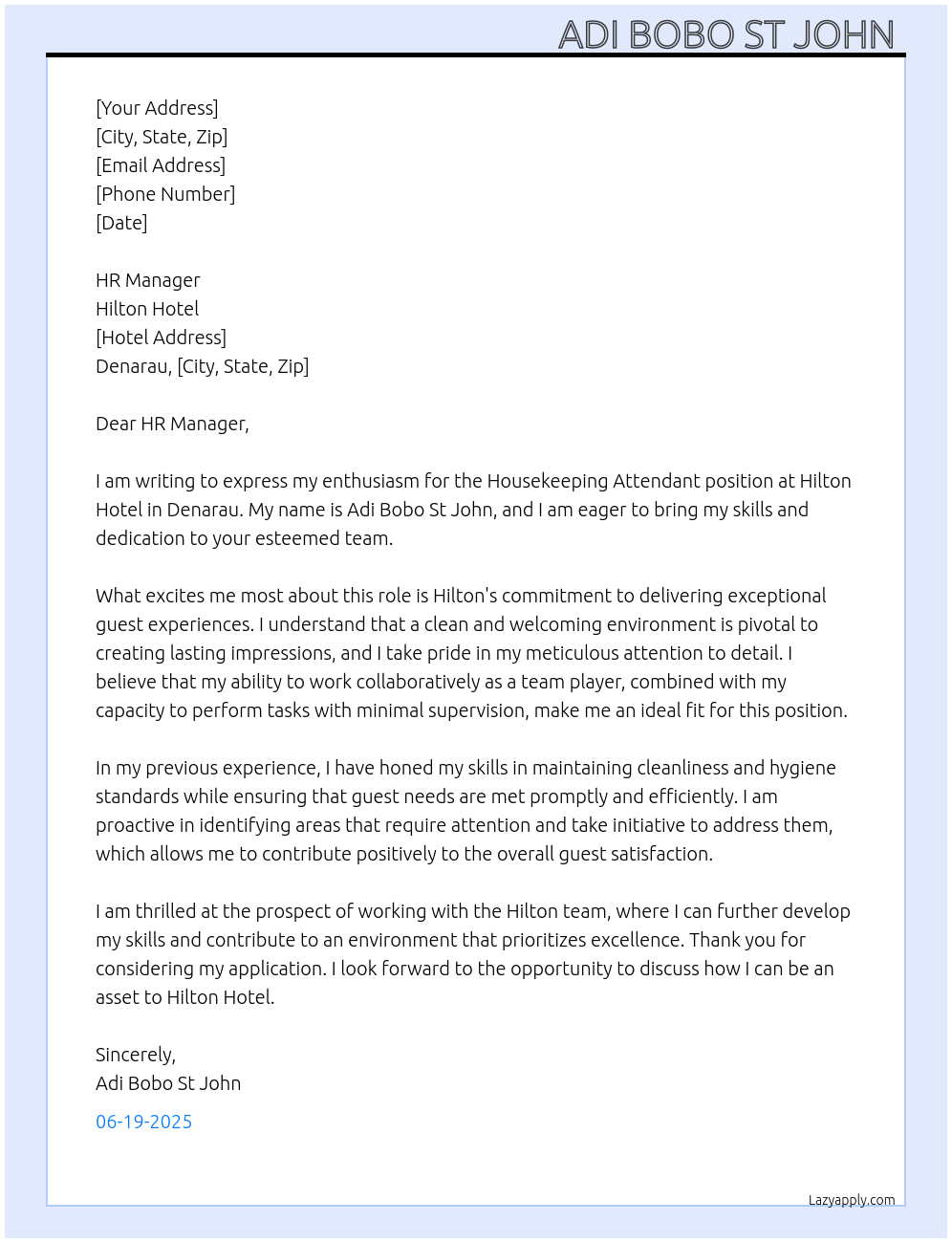 Housekeeping Attendant  At Hilton Hotel Cover Letter