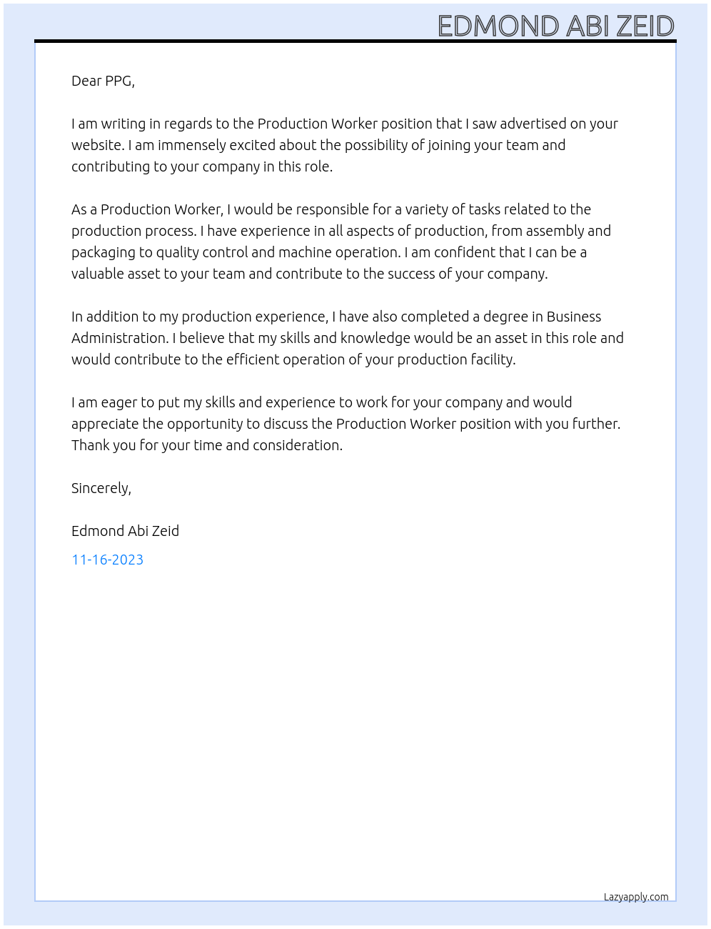 Production Worker At PPG Cover Letter