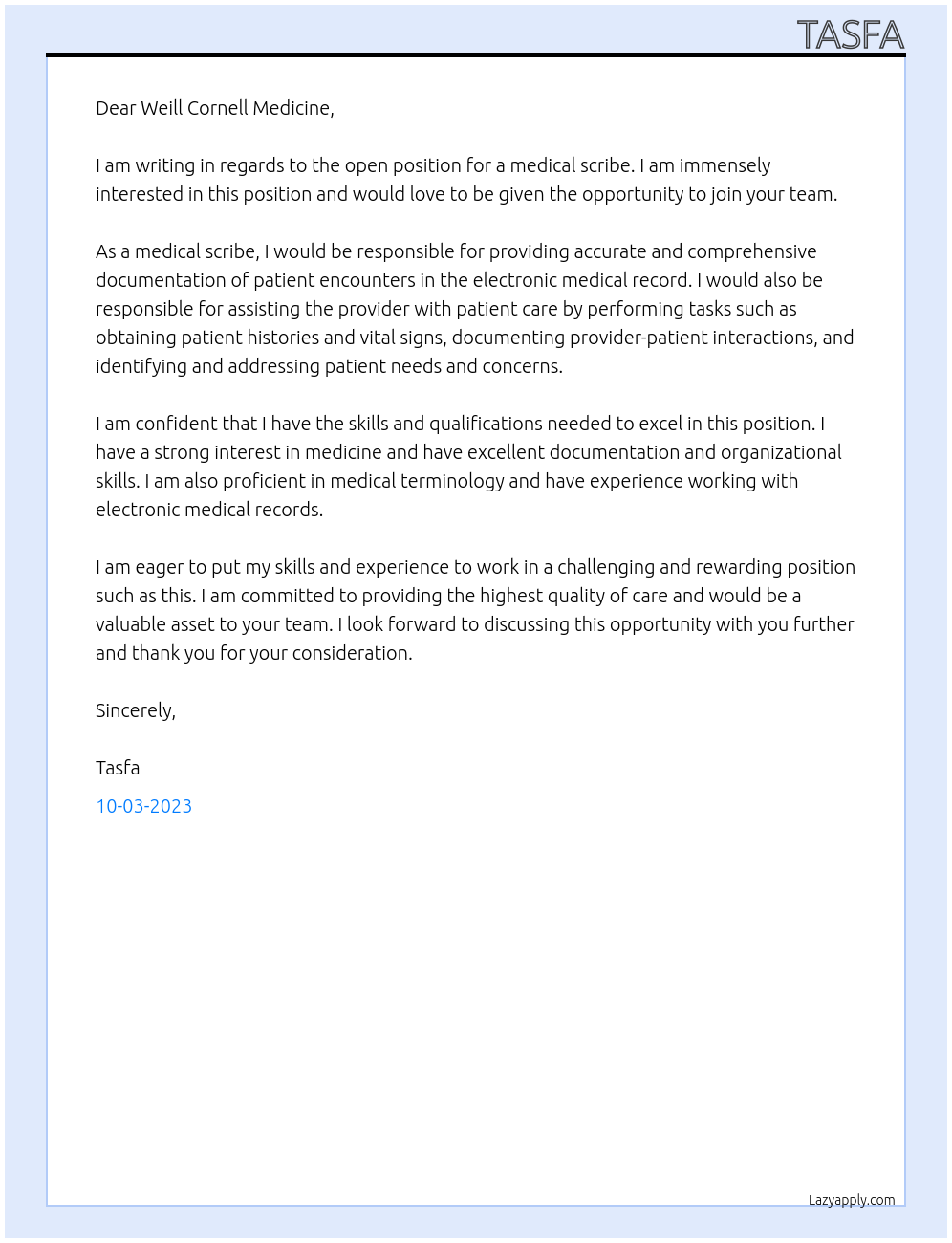 Medical Scribe At Weill Cornell Medicine Cover Letter