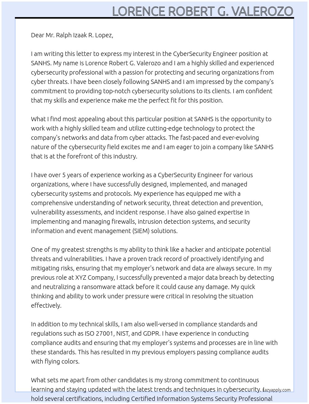 CyberSecurity Engineer At SANHS Cover Letter