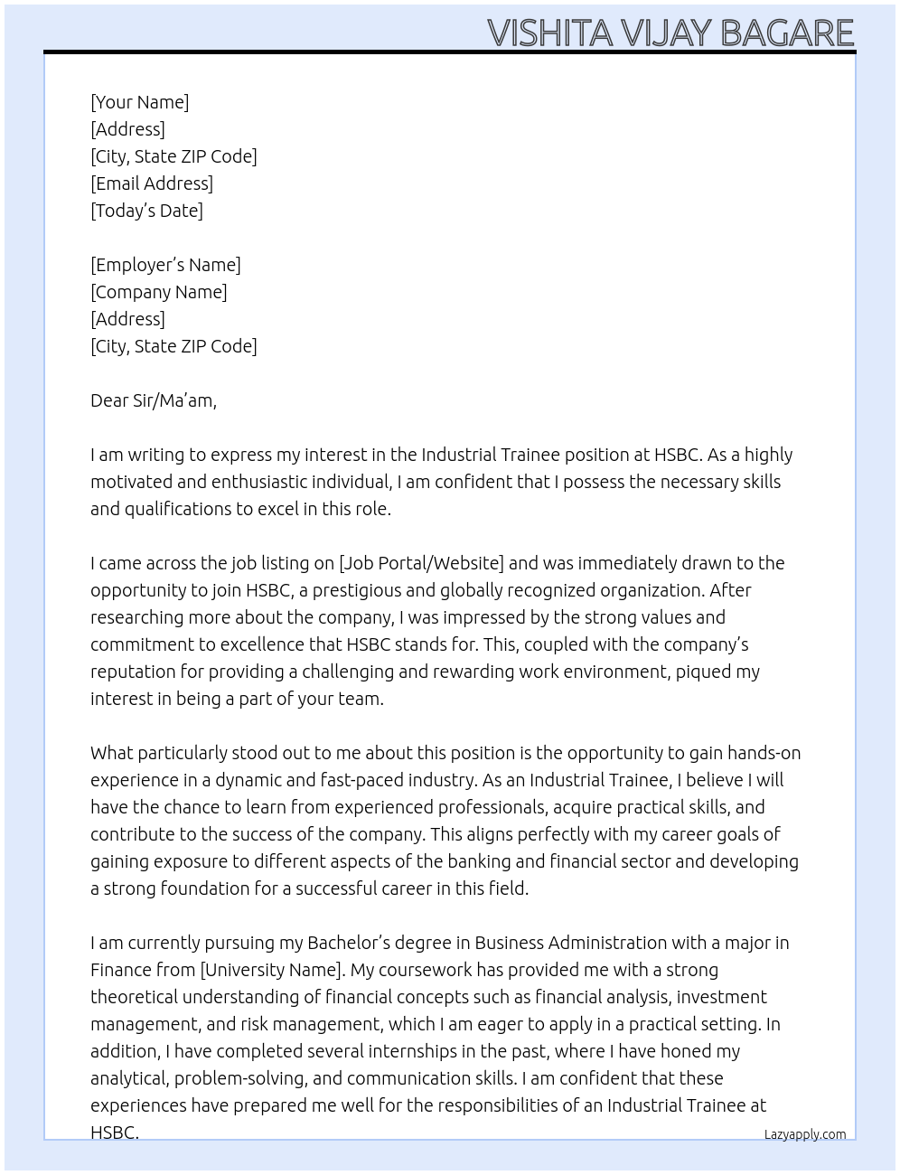 Industrial Trainee At HSBC Cover Letter