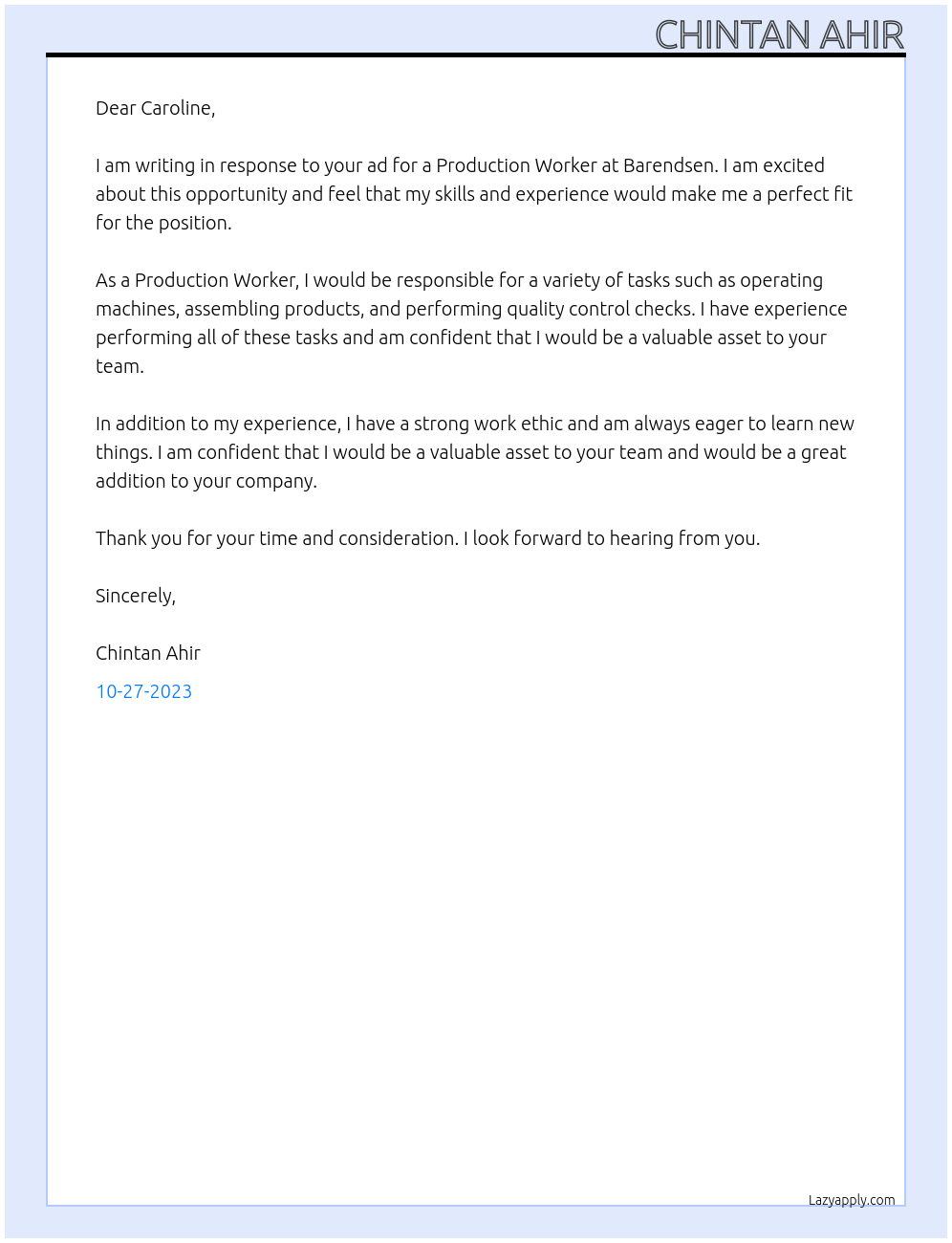 Production Worker At Barendsen Cover Letter