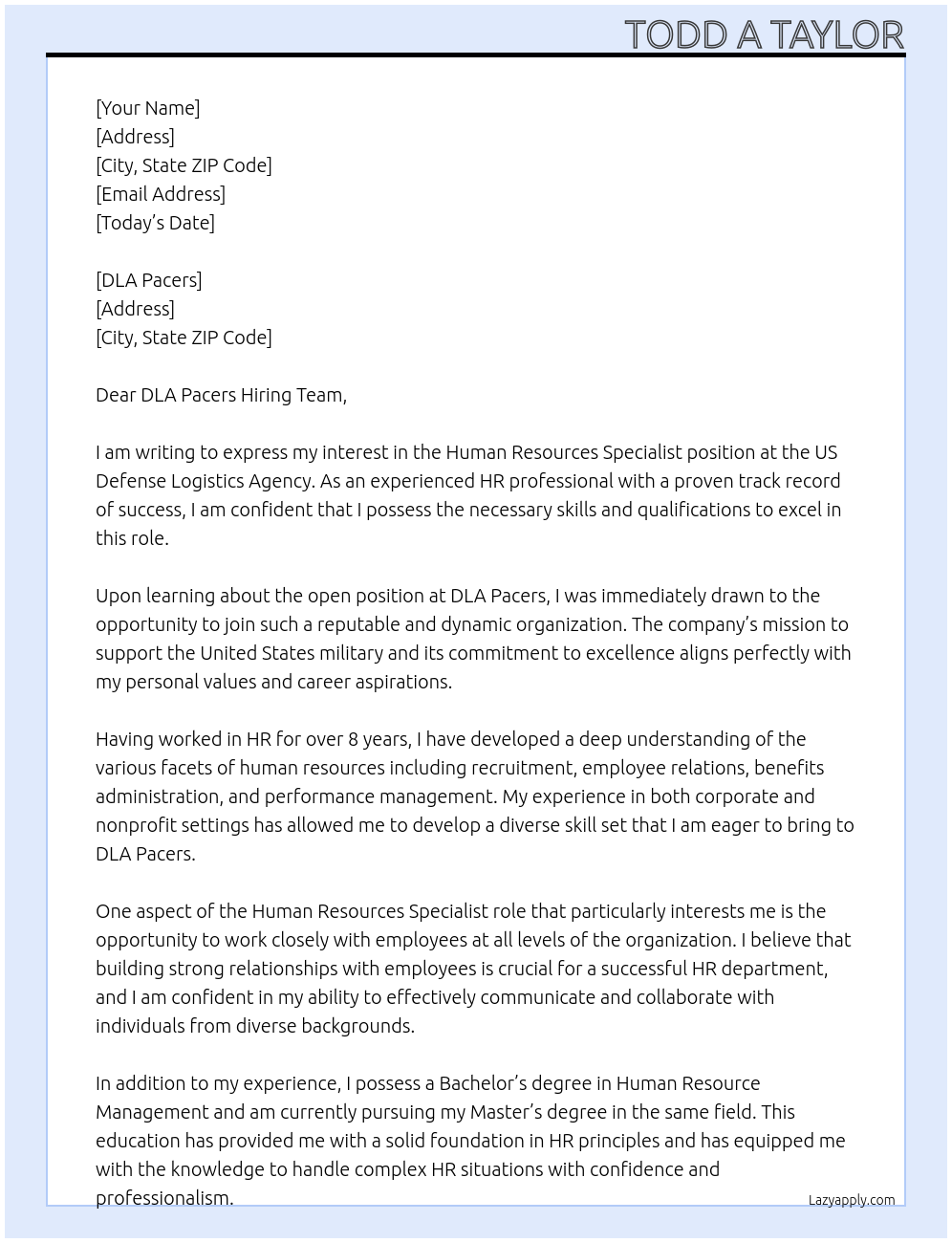 Human Resources Specialist At US Defense Logistics Agency Cover Letter