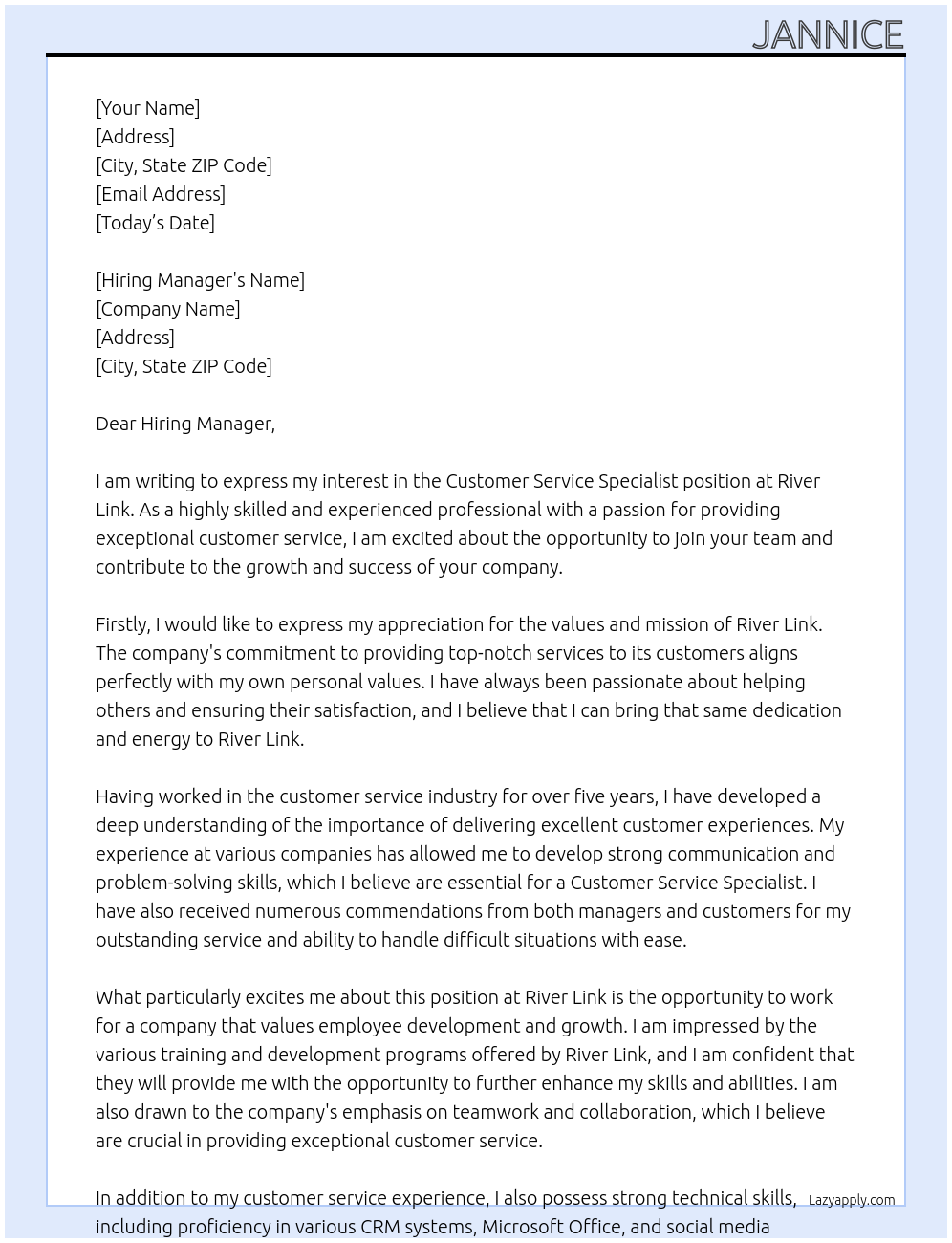 Customer Service Specialist At River Link Cover Letter