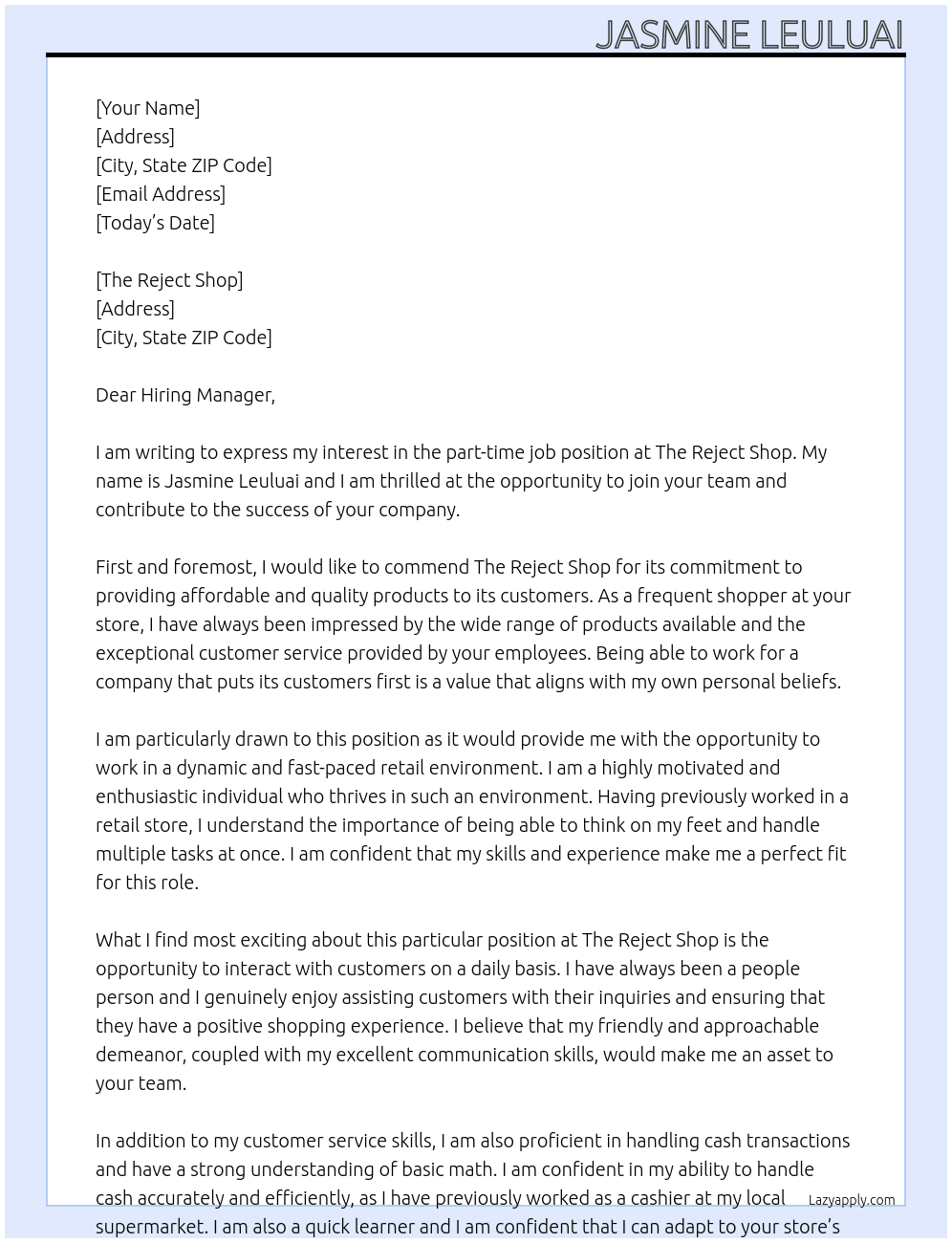 part time job At The reject shop Cover Letter