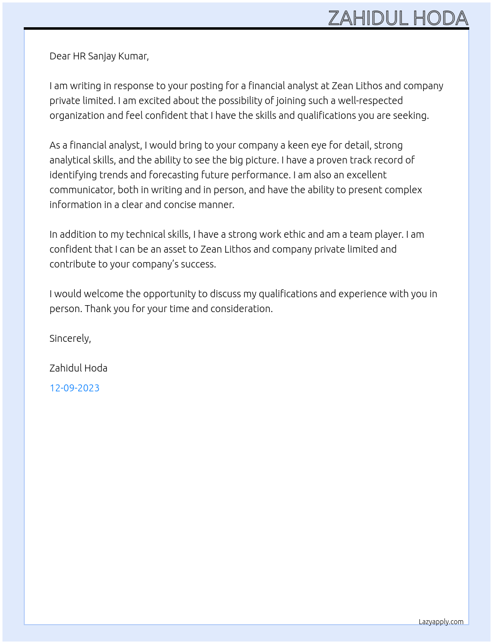 Financial analyst At Zean Lithos and company private limited Cover Letter