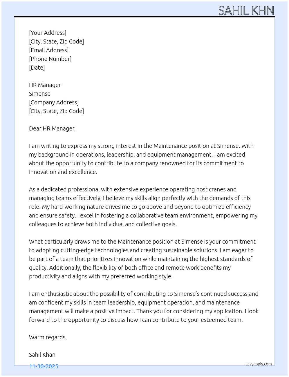 Maintenance  At Simense Cover Letter