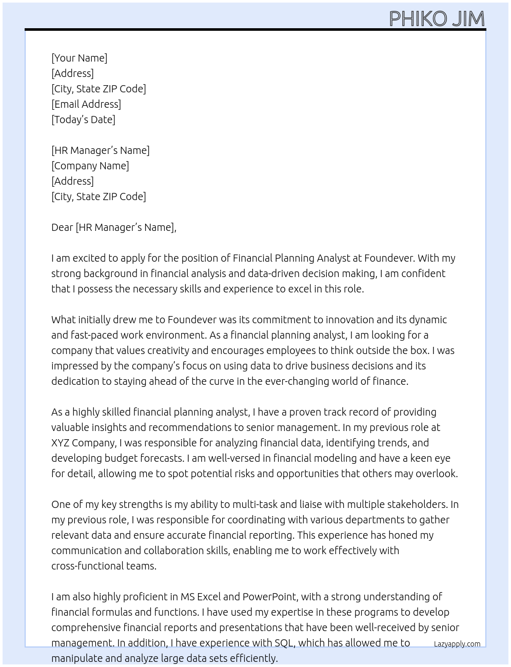 Financial Planning Analyst At Foundever Cover Letter